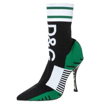 Pre Owned Dolce & Gabbana Green/Black Stretch Knit Logo Sock Ankle Boots Size 37