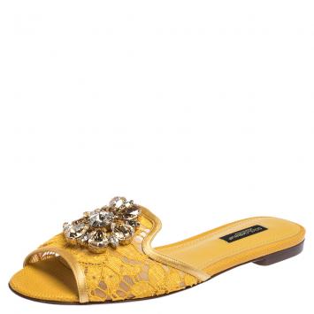 Pre Owned Dolce & Gabbana Yellow Lace Jeweled Embellishment Flat Slides Size 36
