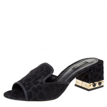 Pre Owned Dolce & Gabbana Black Flocked Leopard Block Heel Mules Size 40