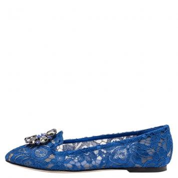 Pre Owned Dolce & Gabbana Blue Lace Jeweled Embellishment Ballet Flats Size 38.5