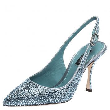 Pre Owned Dolce & Gabbana Light Blue Satin Crystals Slingback Pointed Toe Pumps Size 37