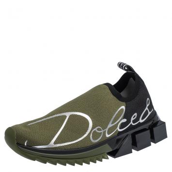 Pre Owned Dolce & Gabbana Military Green/Black Stretch Jersey Logo Print Slip On Sneakers Size 40
