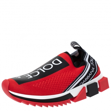 Pre Owned Dolce & Gabbana Red Stretch Fabric Jersey Sorrento Logo Print Slip On Sneakers Size 36