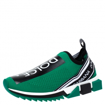 Pre Owned Dolce & Gabbana Green Stretch Fabric Sorrento Jersey Logo Print Slip On Sneakers Size 41