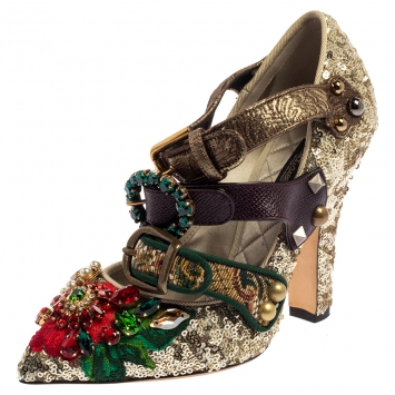 Pre Owned Dolce & Gabbana Multicolor Sequins/Lurex and Leather Multi Buckle Pumps Size 37