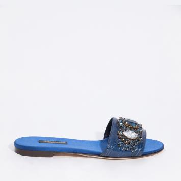 Pre Owned Dolce & Gabbana Blue Leather/Textile Stone Embellished Slip-on Sandals Size EU 36