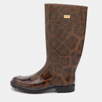 Pre Owned Dolce & Gabbana Brown Leopard Print Rubber Wellington Rain Boots Size 38