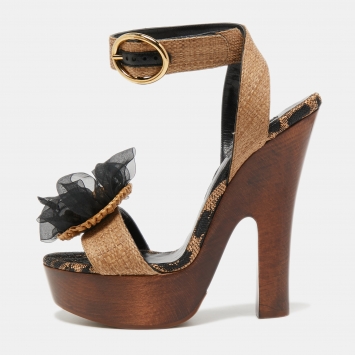 Pre Owned Dolce & Gabbana Brown Raffia Platform Ankle Strap Sandals Size 40