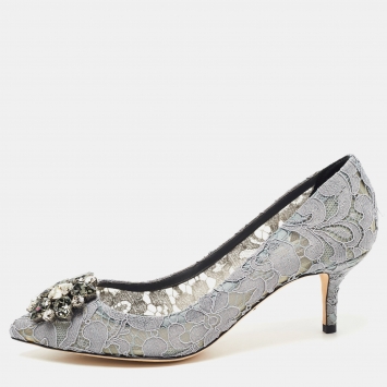 Pre Owned Dolce & Gabbana Grey Lace Crystal Embellished Bellucci Pumps Size 37.5