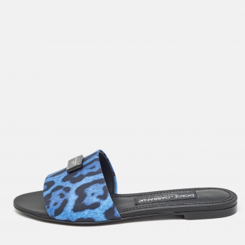 Pre Owned Dolce & Gabbana Blue/Black Leopard Print Fabric Flat Slides Size 37