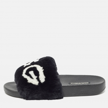 Pre Owned Dolce & Gabbana Black Fur Logo Print Slides Size 37
