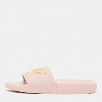 Pre Owned Dolce & Gabbana Pink Rubber Embroidered Logo Slides Size 37