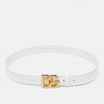 Pre Owned Dolce & Gabbana White Leather DG Logo Slim Belt 80CM