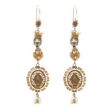 Pre Owned Dolce and Gabbana Marionette Ornate Gold Tone Filigree Long Hook Earrings