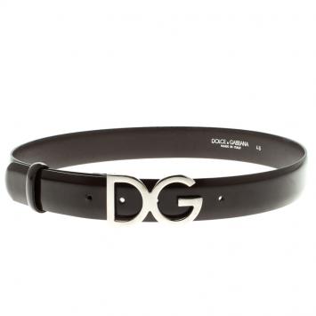 Pre Owned Dolce and Gabbana Dark Brown Glossy Leather DG Logo Buckle Belt 85cm