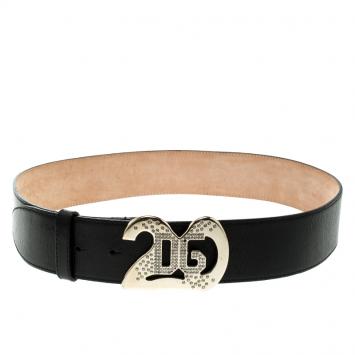 Pre Owned Dolce And Gabbana Black Leather Crystal Embellished Logo Buckle Belt 85cm