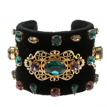 Pre Owned Dolce and Gabbana Black Velvet Crystal Embellished Open Cuff Bracelet