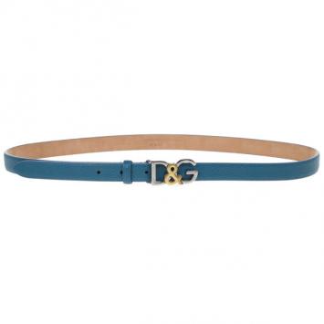 Pre Owned Dolce and Gabbana Blue Leather Logo Belt 85 CM