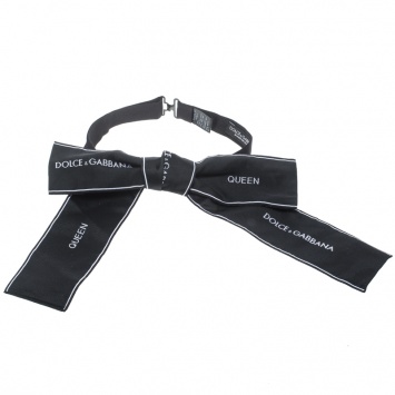 Pre Owned Dolce and Gabbana Black Logo Embroidered Ribbon Style Bow Tie