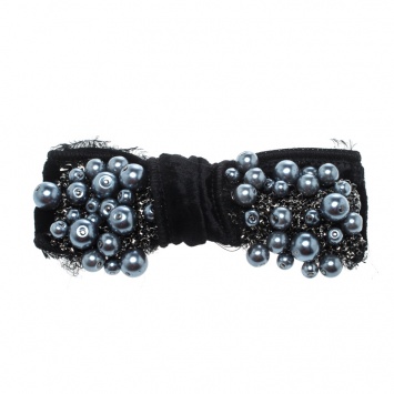 Pre Owned Dolce and Gabbana Grey Faux Pearl Embellished Black Bow Brooch