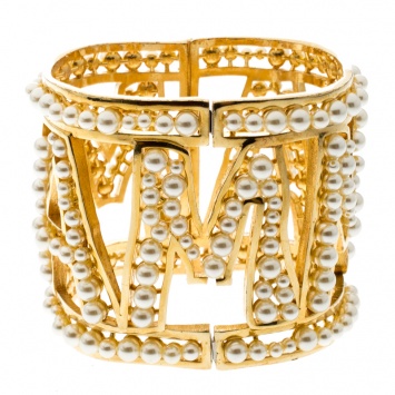 Pre Owned Dolce and Gabbana Mama Faux Pearl Embellished Gold Tone Wide Cuff Bracelet