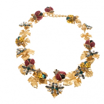 مملوكة مسبقًا Dolce and Gabbana Ladybug Leaf Enamel Crystal Embellished Gold Tone Necklace