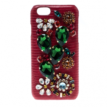 Pre Owned Dolce and Gabbana Red Floral Crystal Embellished iPhone 6 Case