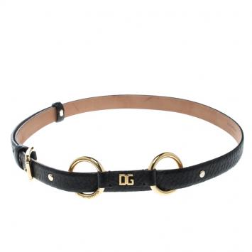Pre Owned Dolce & Gabbana Black Leather Logo Skinny Belt 85cm