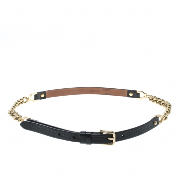 Pre Owned Dolce & Gabbana Black Leather and Gold Tone Chain Skinny Belt 80cm