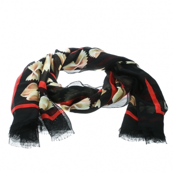 Pre Owned Dolce and Gabbana Black Pasta Printed Silk Gauze Fringed Edge Scarf