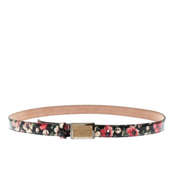 Pre Owned Dolce & Gabbana Multicolor Floral Print Patent Leather Logo Plaque Belt Size 90CM