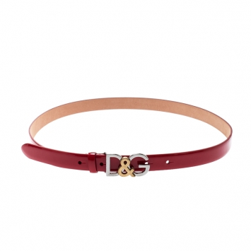 Pre Owned Dolce and Gabbana Red Patent Leather D&G Buckle Belt 85CM