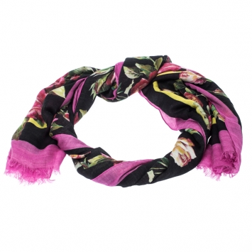 Pre Owned Dolce & Gabbana Black Printed Cashmere Blend Rose Fondo Neronero Scarf