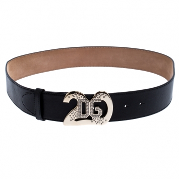 Pre Owned Dolce And Gabbana Black Leather Crystal Embellished Logo Buckle Belt 90CM