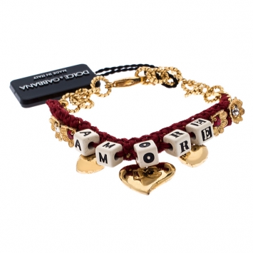 Pre Owned Dolce and Gabbana Amore Red Woven Gold Tone Charm Bracelet