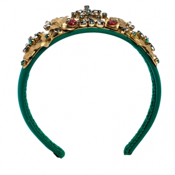 Pre Owned Dolce & Gabbana Green Silk Crystal Embellished Tiara Headband ( One Size )