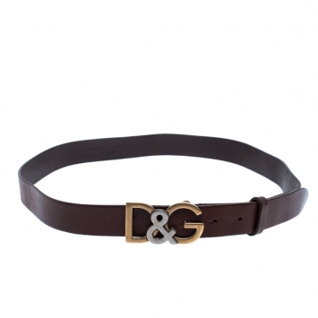 Pre Owned Dolce & Gabbana Brown Leather Logo Belt Size 95CM