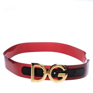 Pre Owned Dolce & Gabbana Red PVC Logo Buckle Belt 90CM