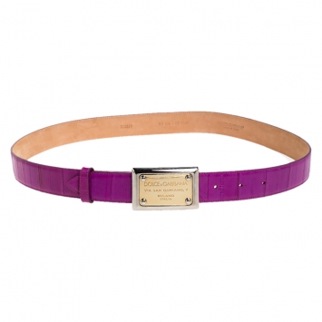 Pre Owned Dolce & Gabbana Fuschia Eel Logo Plaque Belt Size 90CM