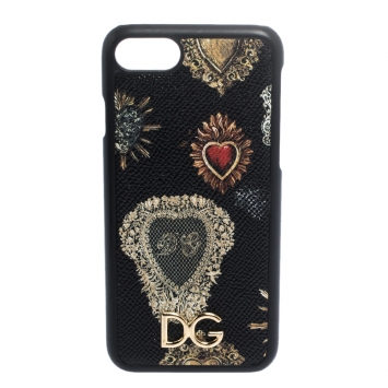 Pre Owned Dolce & Gabbana Black/Gold Sacred Heart Print Leather iPhone 7 Case