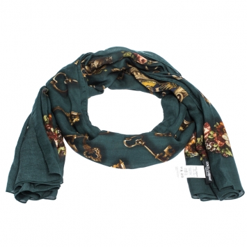 Pre Owned Dolce & Gabbana Green Floral & Key Print Cashmere Blend Scarf