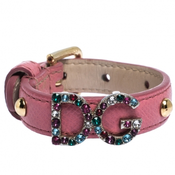 Pre Owned Dolce & Gabbana DG Logo Crystal Detail Pink Leather Bracelet