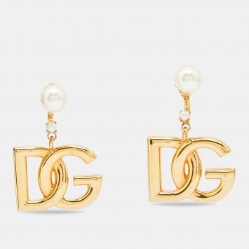 مملوكة مسبقًا  Dolce & Gabbana. Gold Tone Logo Faux Pearl Drop Earrings