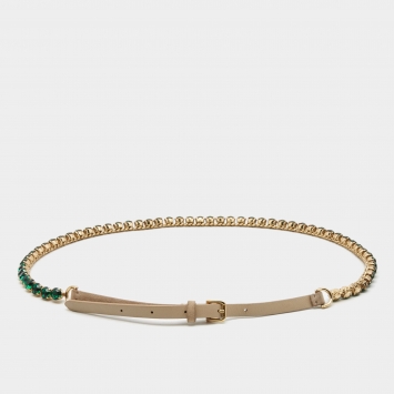 Pre Owned Dolce & Gabbana Beige/Emerald Leather and Suede Crystals Embellishment Slim Buckle Belt