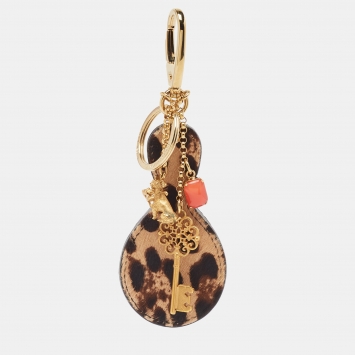 Pre Owned Dolce & Gabbana Brown Leopard Print Calfhair Mirror and Key Bag Charm