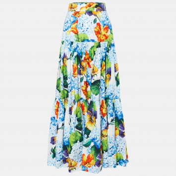 Pre Owned Dolce & Gabbana Multicolor Floral Print Cotton Tiered Maxi Skirt S 