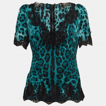Pre Owned Dolce & Gabbana Blue Leopard Print Silk Lace Trimmed Blouse L