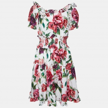 Pre Owned Dolce & Gabbana White Floral Print Cotton Ruffled Dress L