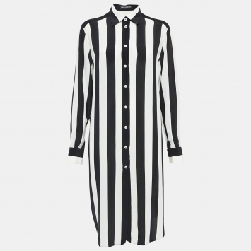 Pre Owned Dolce & Gabbana Black/White Striped Silk Shirt Dress M