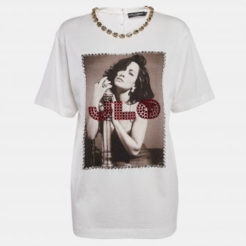 Pre Owned Dolce & Gabbana White J.Lo Photograph Print Jersey Embellished T-Shirt XS